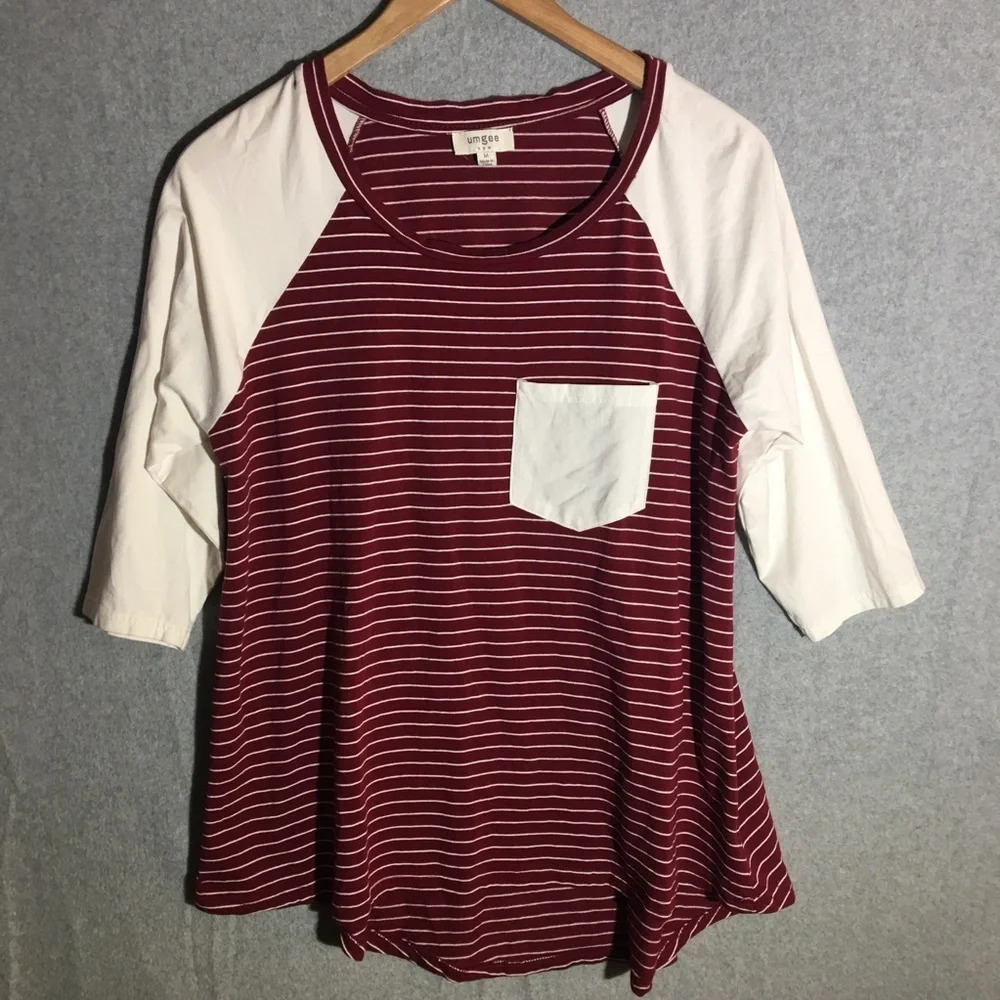Womens Umgee Tee Shirt Long Sleeve Striped Casual Maroon Baseball Style Beachy